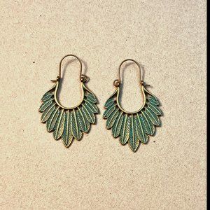 Brass Turquoise Patina Earrings, Fan feather dangle earrings, Boho Gold earrings